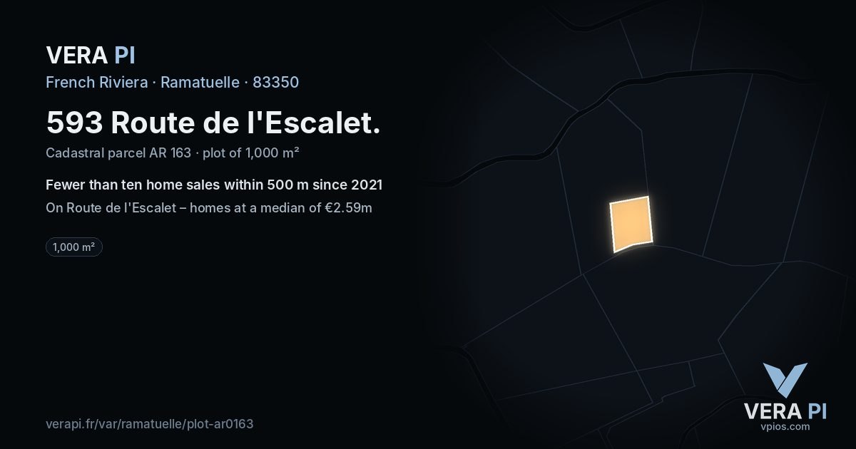 593 Route de l'Escalet, Ramatuelle at night – the plot lit, the parcels around coloured by the prices near them