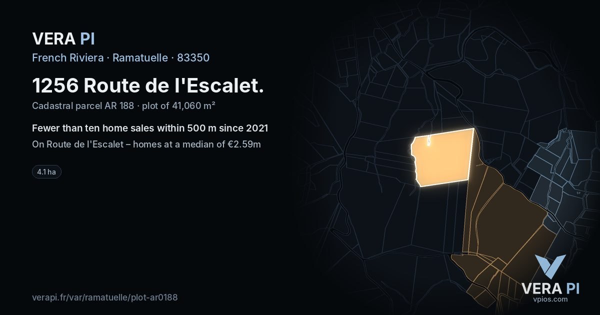 1256 Route de l'Escalet, Ramatuelle at night – the plot lit, the parcels around coloured by the prices near them