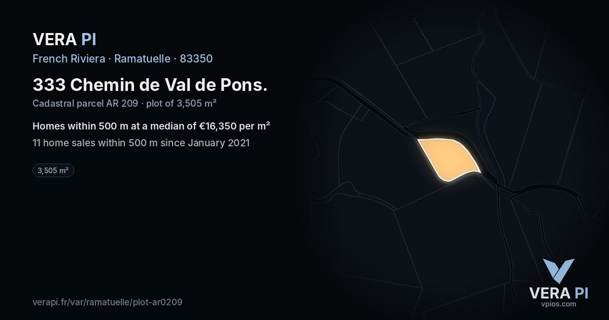 333 Chemin de Val de Pons, Ramatuelle at night – the plot lit, the parcels around coloured by the prices near them