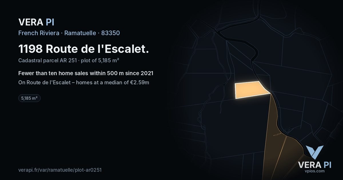1198 Route de l'Escalet, Ramatuelle at night – the plot lit, the parcels around coloured by the prices near them