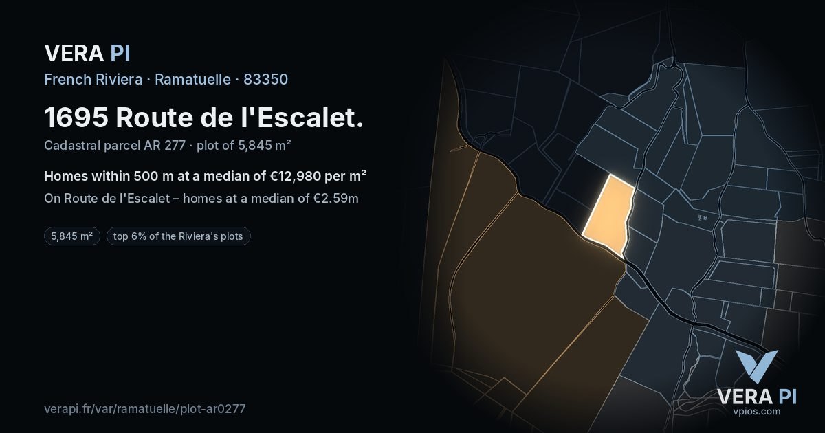 1695 Route de l'Escalet, Ramatuelle at night – the plot lit, the parcels around coloured by the prices near them