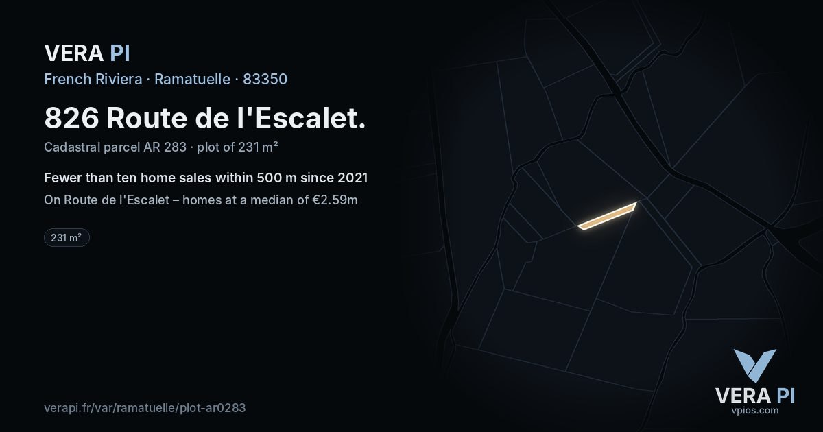 826 Route de l'Escalet, Ramatuelle at night – the plot lit, the parcels around coloured by the prices near them