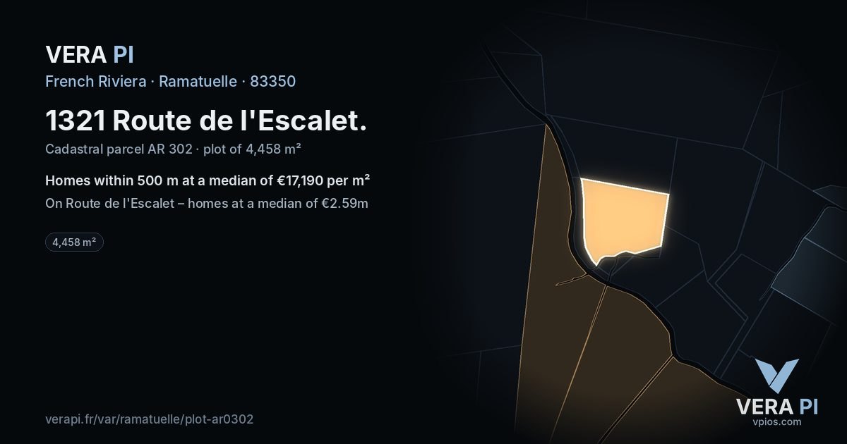 1321 Route de l'Escalet, Ramatuelle at night – the plot lit, the parcels around coloured by the prices near them