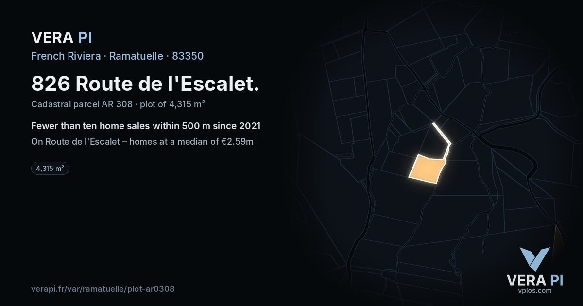 826 Route de l'Escalet, Ramatuelle at night – the plot lit, the parcels around coloured by the prices near them