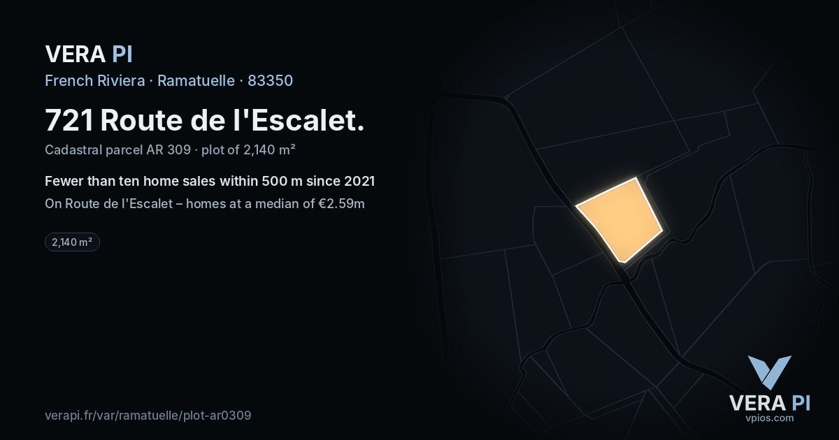 721 Route de l'Escalet, Ramatuelle at night – the plot lit, the parcels around coloured by the prices near them