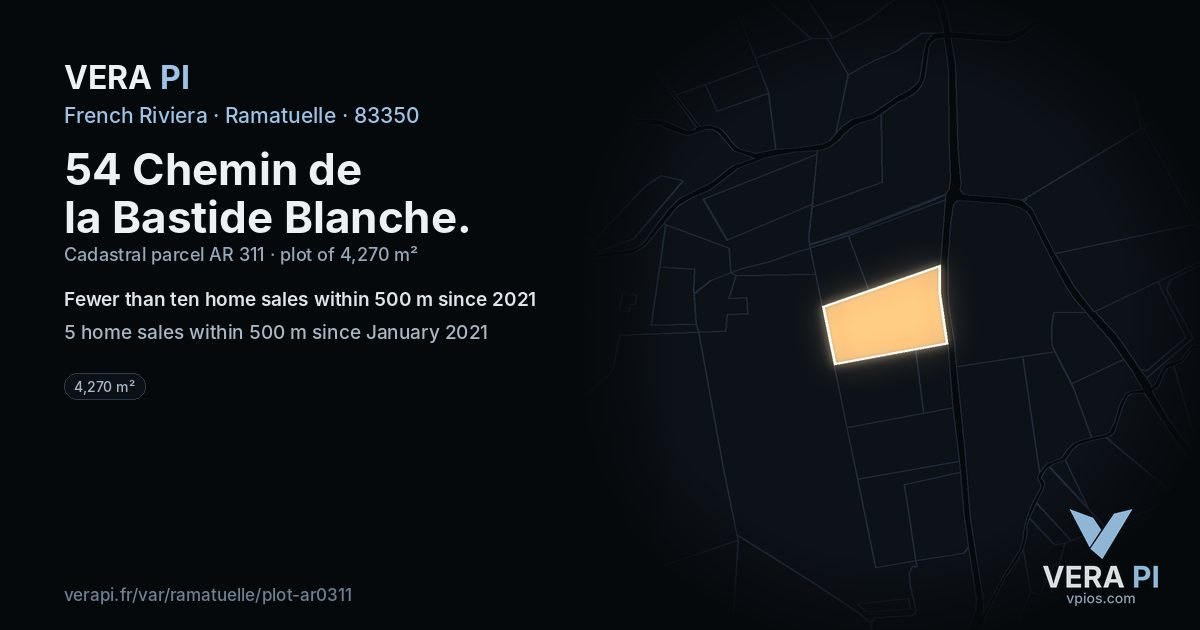 54 Chemin de la Bastide Blanche, Ramatuelle at night – the plot lit, the parcels around coloured by the prices near them