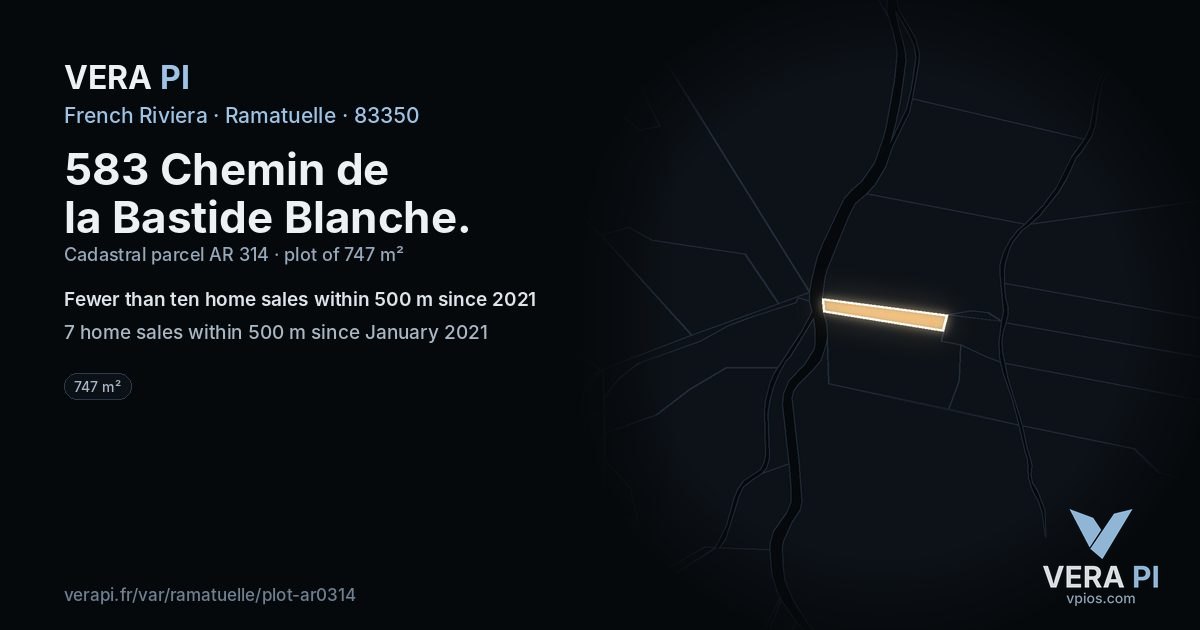 583 Chemin de la Bastide Blanche, Ramatuelle at night – the plot lit, the parcels around coloured by the prices near them