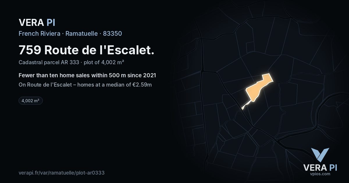 759 Route de l'Escalet, Ramatuelle at night – the plot lit, the parcels around coloured by the prices near them