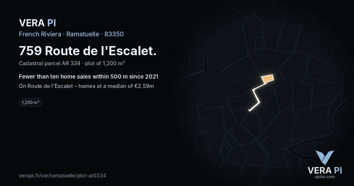 759 Route de l'Escalet, Ramatuelle at night – the plot lit, the parcels around coloured by the prices near them