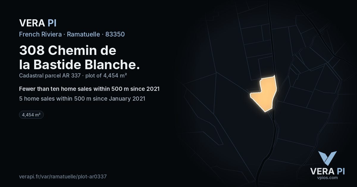 308 Chemin de la Bastide Blanche, Ramatuelle at night – the plot lit, the parcels around coloured by the prices near them