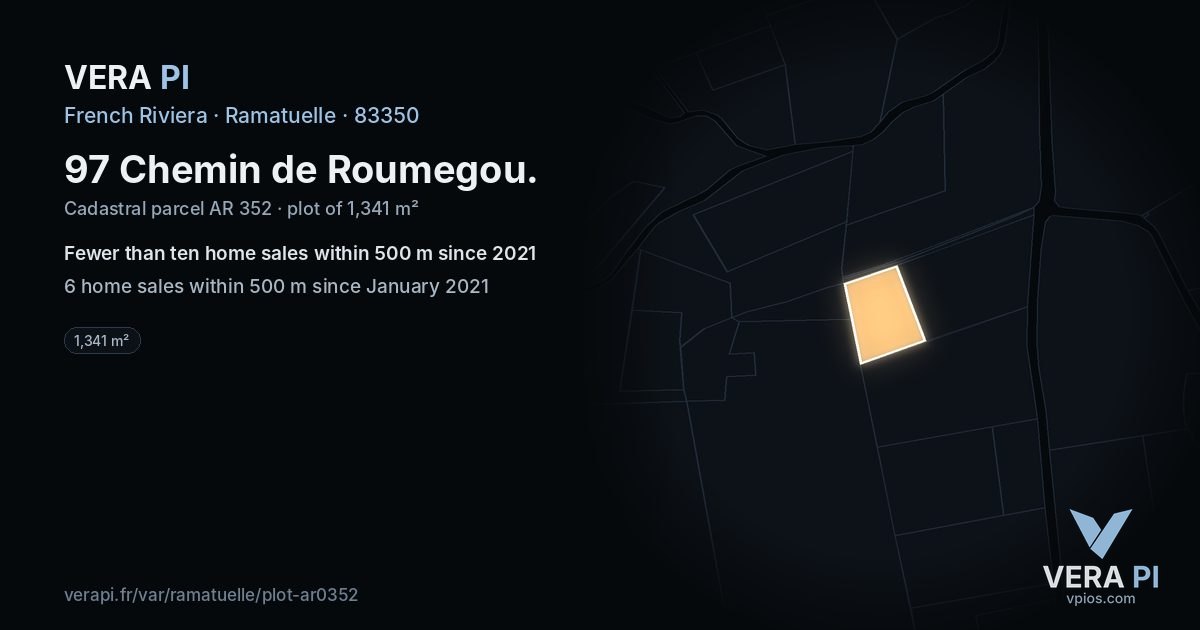97 Chemin de Roumegou, Ramatuelle at night – the plot lit, the parcels around coloured by the prices near them