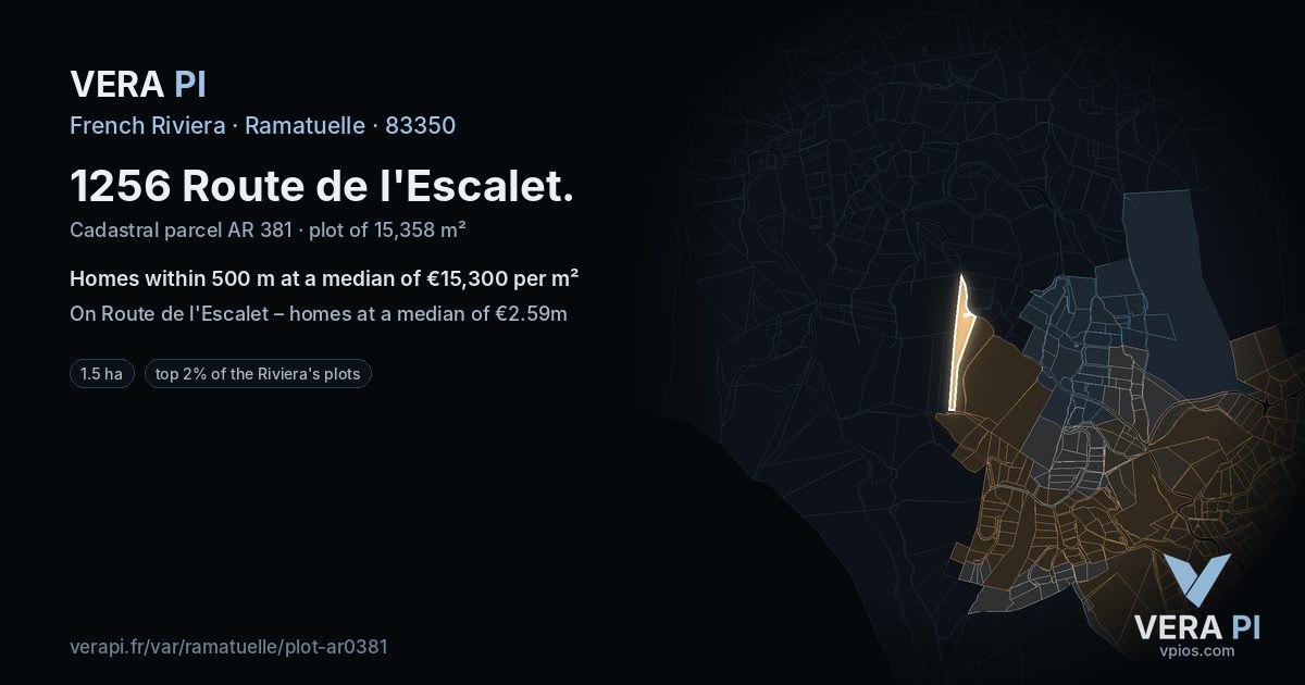 1256 Route de l'Escalet, Ramatuelle at night – the plot lit, the parcels around coloured by the prices near them