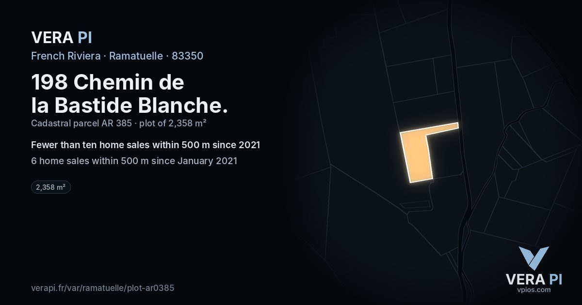 198 Chemin de la Bastide Blanche, Ramatuelle at night – the plot lit, the parcels around coloured by the prices near them