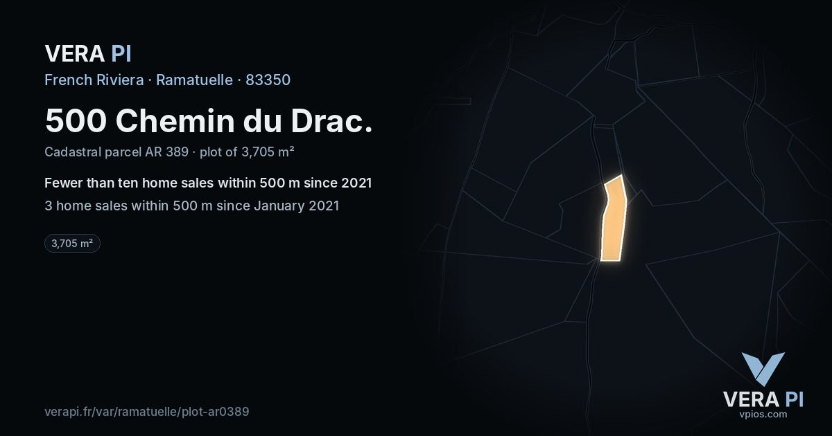 500 Chemin du Drac, Ramatuelle at night – the plot lit, the parcels around coloured by the prices near them