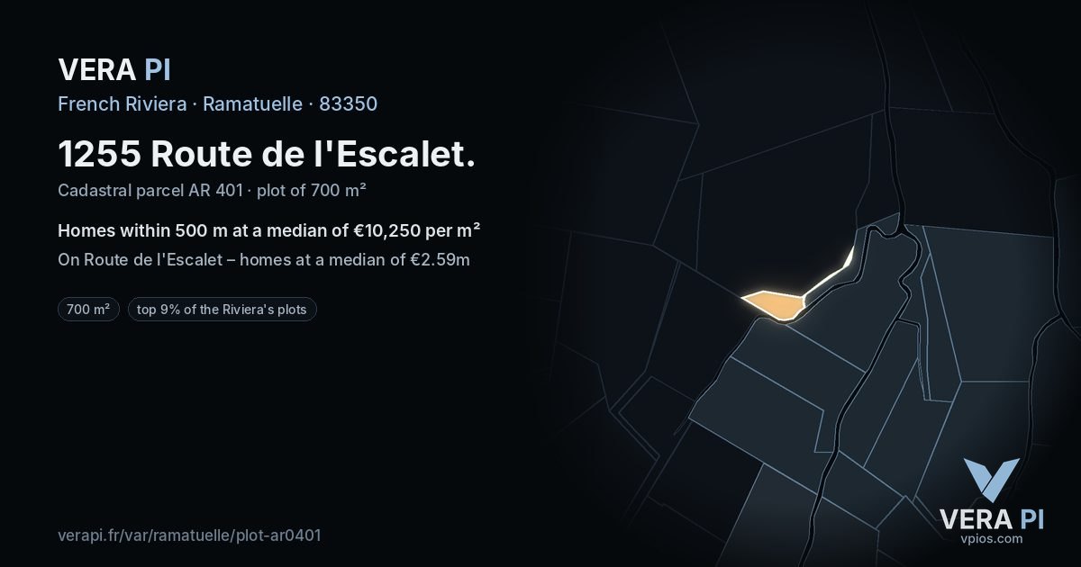 1255 Route de l'Escalet, Ramatuelle at night – the plot lit, the parcels around coloured by the prices near them