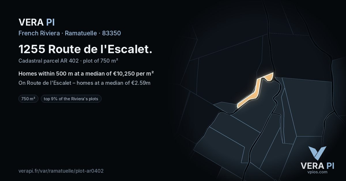 1255 Route de l'Escalet, Ramatuelle at night – the plot lit, the parcels around coloured by the prices near them