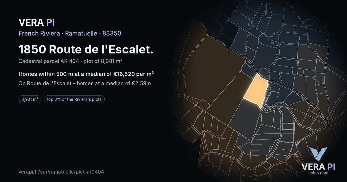 1850 Route de l'Escalet, Ramatuelle at night – the plot lit, the parcels around coloured by the prices near them