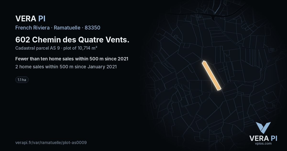 602 Chemin des Quatre Vents, Ramatuelle at night – the plot lit, the parcels around coloured by the prices near them