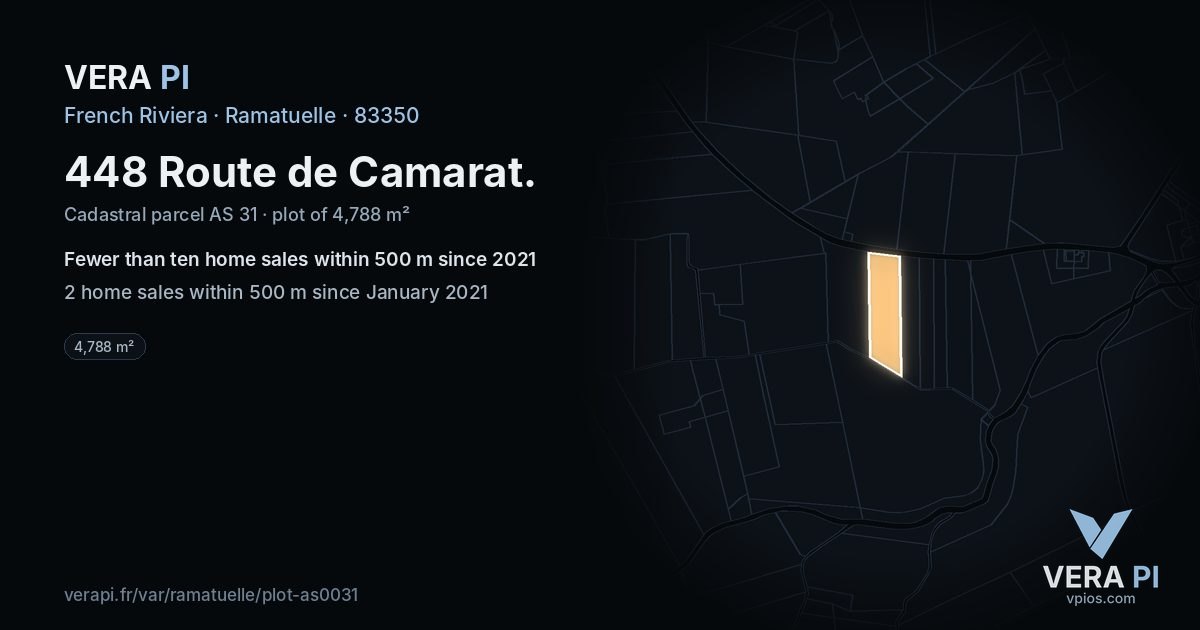 448 Route de Camarat, Ramatuelle at night – the plot lit, the parcels around coloured by the prices near them
