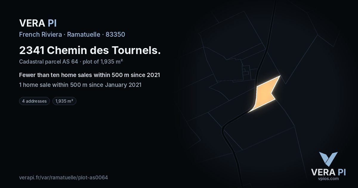 2341 Chemin des Tournels, Ramatuelle at night – the plot lit, the parcels around coloured by the prices near them