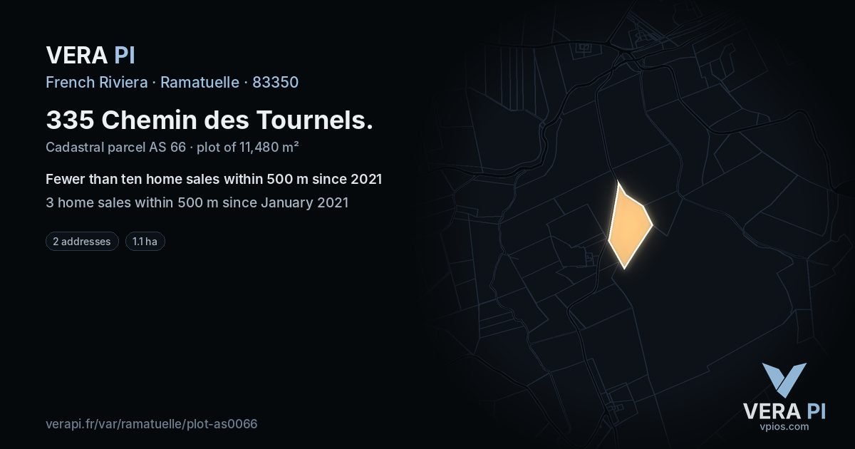 335 Chemin des Tournels, Ramatuelle at night – the plot lit, the parcels around coloured by the prices near them