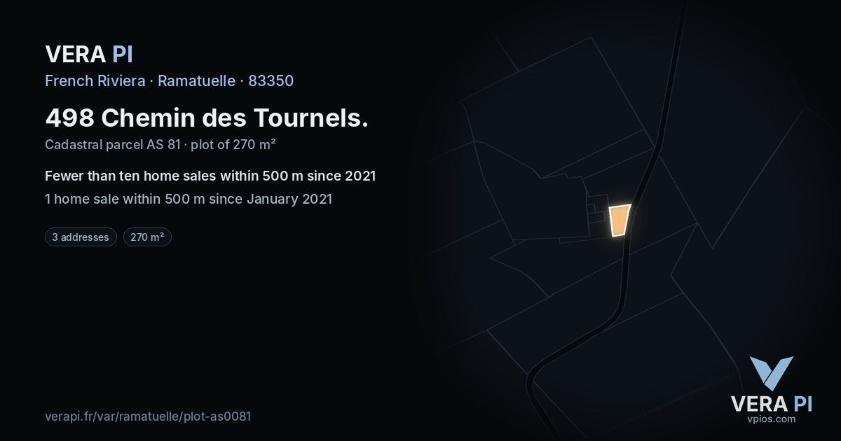 498 Chemin des Tournels, Ramatuelle at night – the plot lit, the parcels around coloured by the prices near them