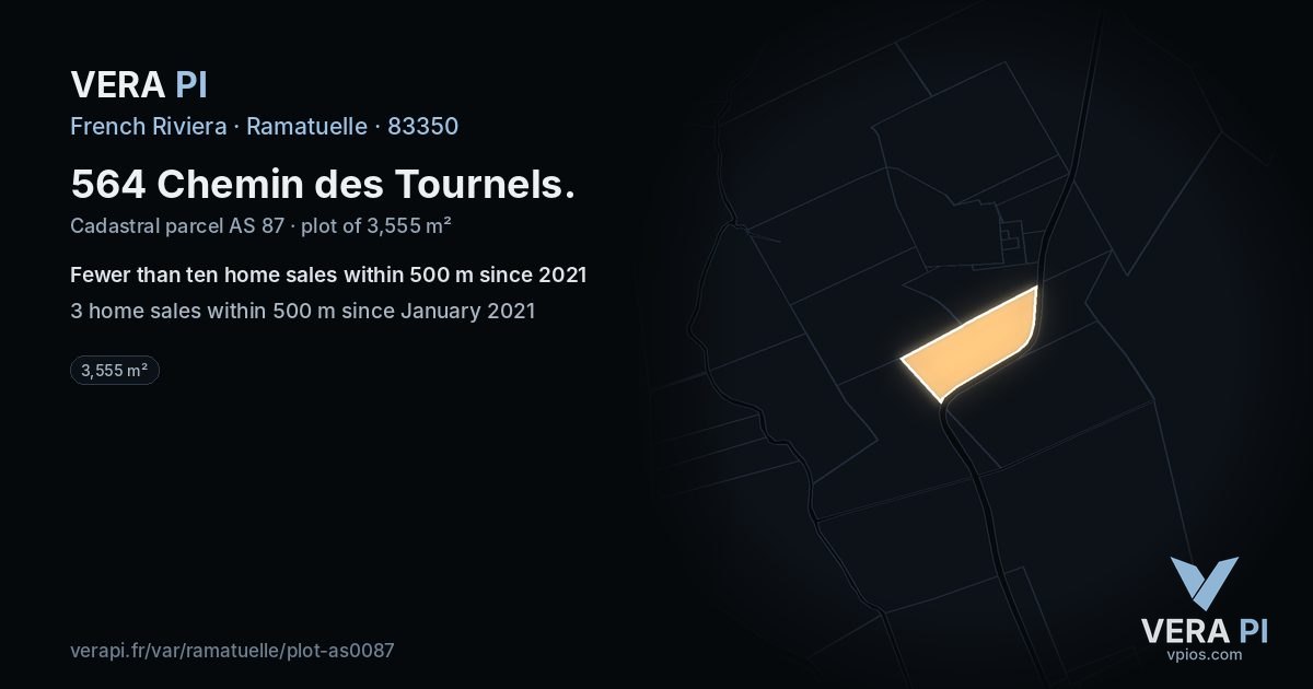 564 Chemin des Tournels, Ramatuelle at night – the plot lit, the parcels around coloured by the prices near them