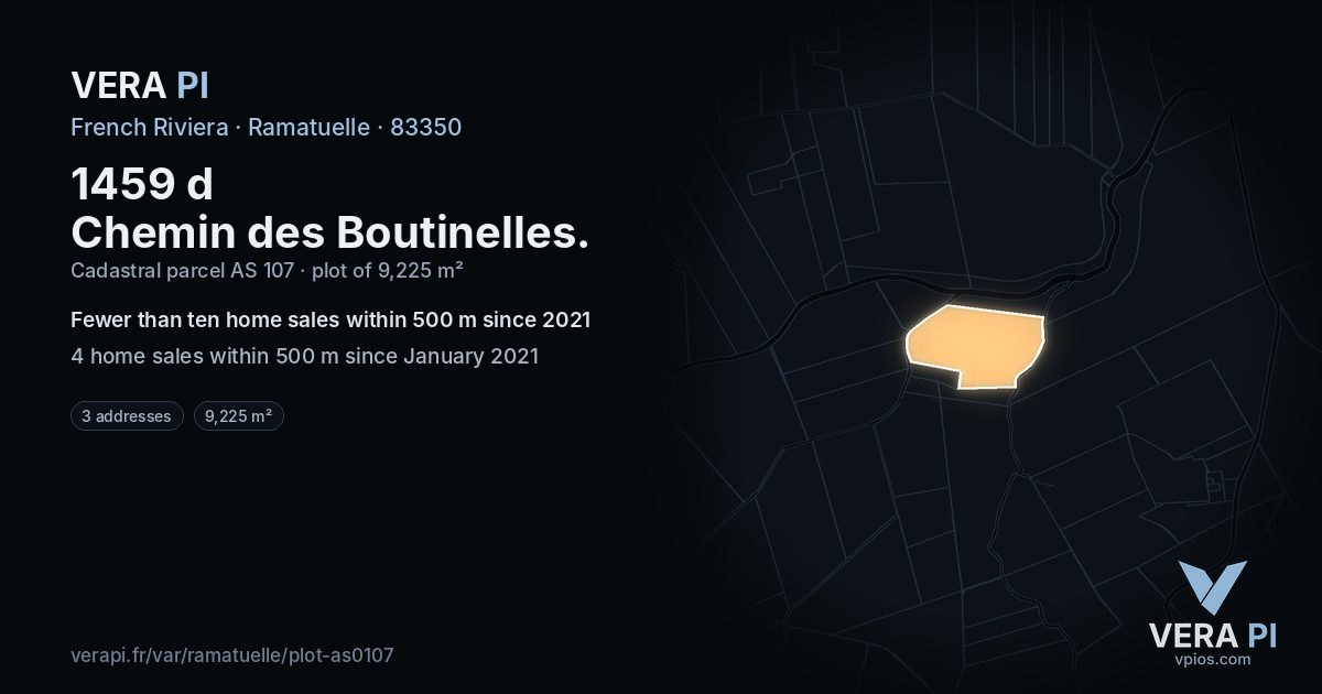 1459 d Chemin des Boutinelles, Ramatuelle at night – the plot lit, the parcels around coloured by the prices near them