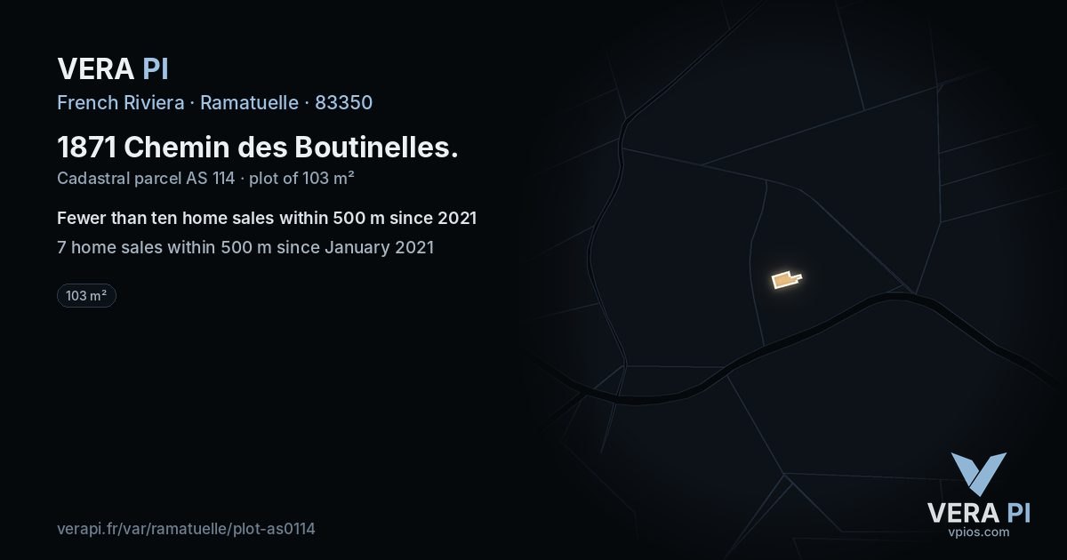 1871 Chemin des Boutinelles, Ramatuelle at night – the plot lit, the parcels around coloured by the prices near them