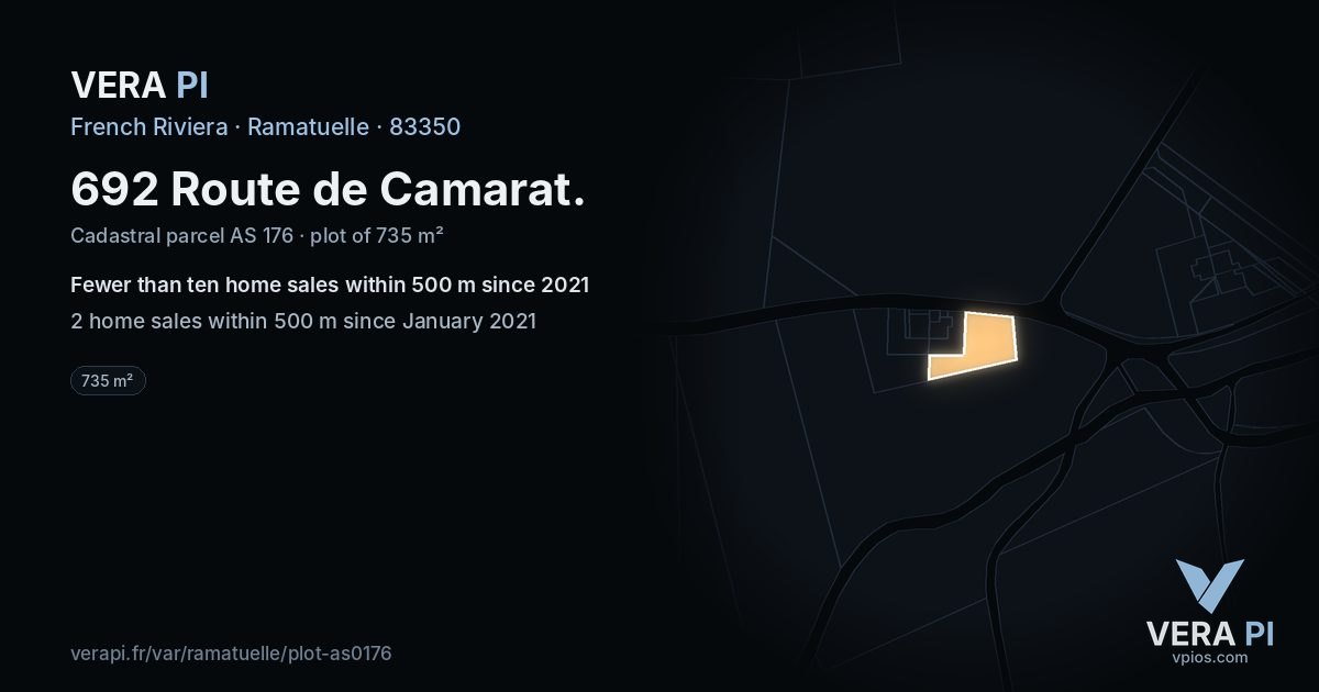 692 Route de Camarat, Ramatuelle at night – the plot lit, the parcels around coloured by the prices near them