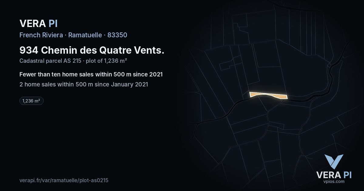 934 Chemin des Quatre Vents, Ramatuelle at night – the plot lit, the parcels around coloured by the prices near them