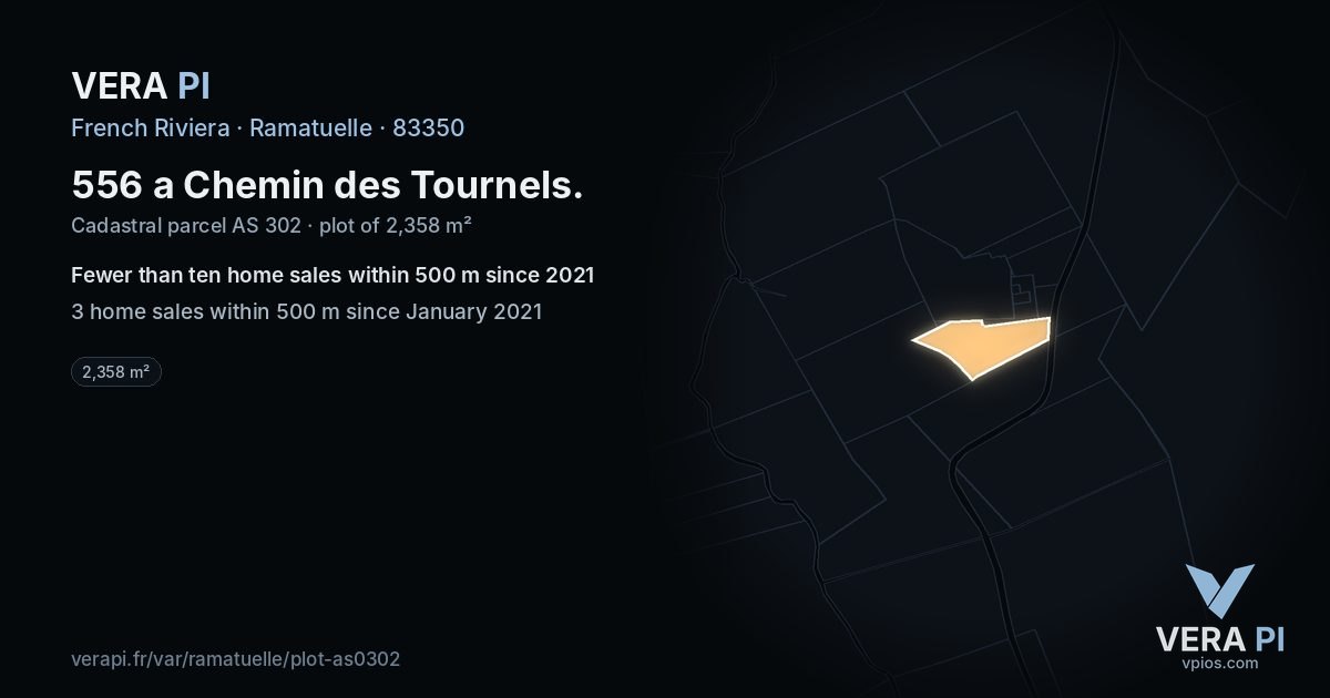 556 a Chemin des Tournels, Ramatuelle at night – the plot lit, the parcels around coloured by the prices near them