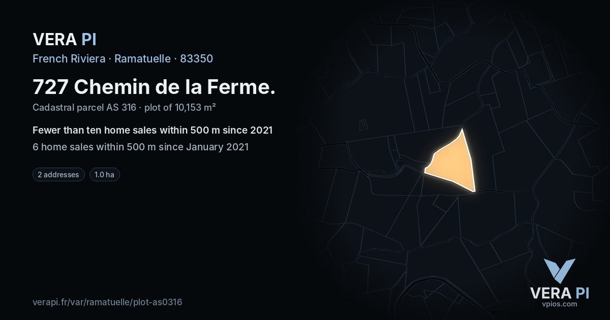 727 Chemin de la Ferme, Ramatuelle at night – the plot lit, the parcels around coloured by the prices near them