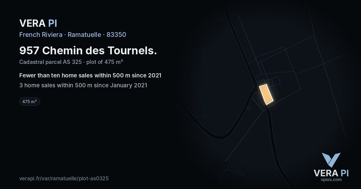 957 Chemin des Tournels, Ramatuelle at night – the plot lit, the parcels around coloured by the prices near them