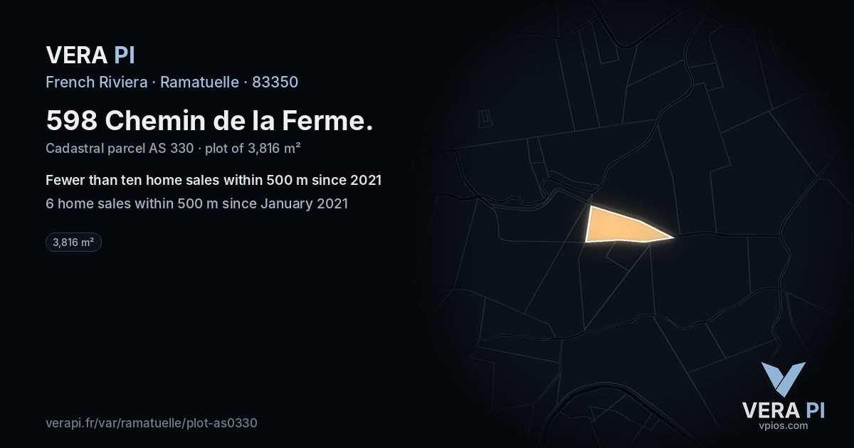 598 Chemin de la Ferme, Ramatuelle at night – the plot lit, the parcels around coloured by the prices near them