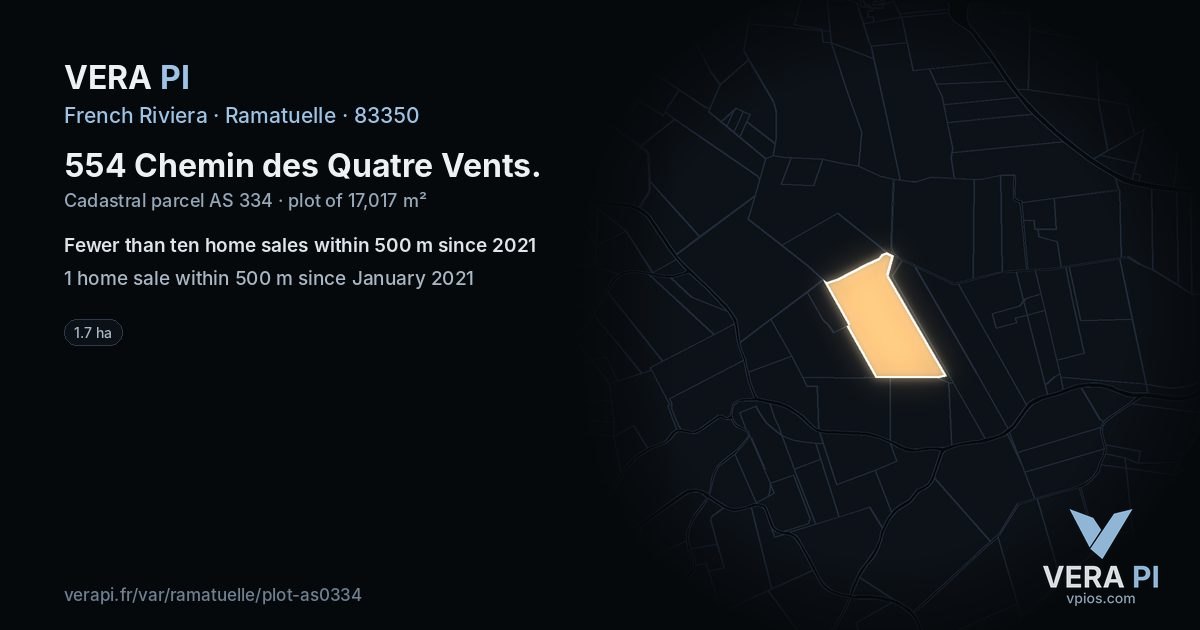 554 Chemin des Quatre Vents, Ramatuelle at night – the plot lit, the parcels around coloured by the prices near them
