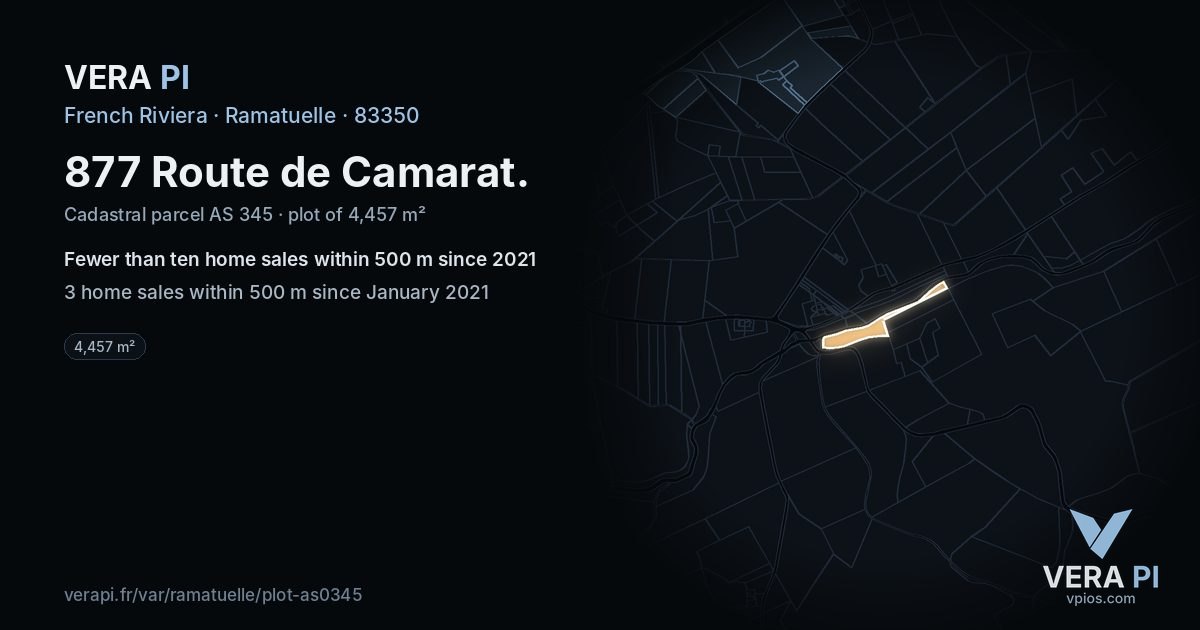 877 Route de Camarat, Ramatuelle at night – the plot lit, the parcels around coloured by the prices near them