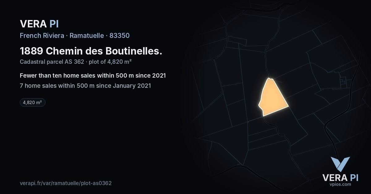 1889 Chemin des Boutinelles, Ramatuelle at night – the plot lit, the parcels around coloured by the prices near them