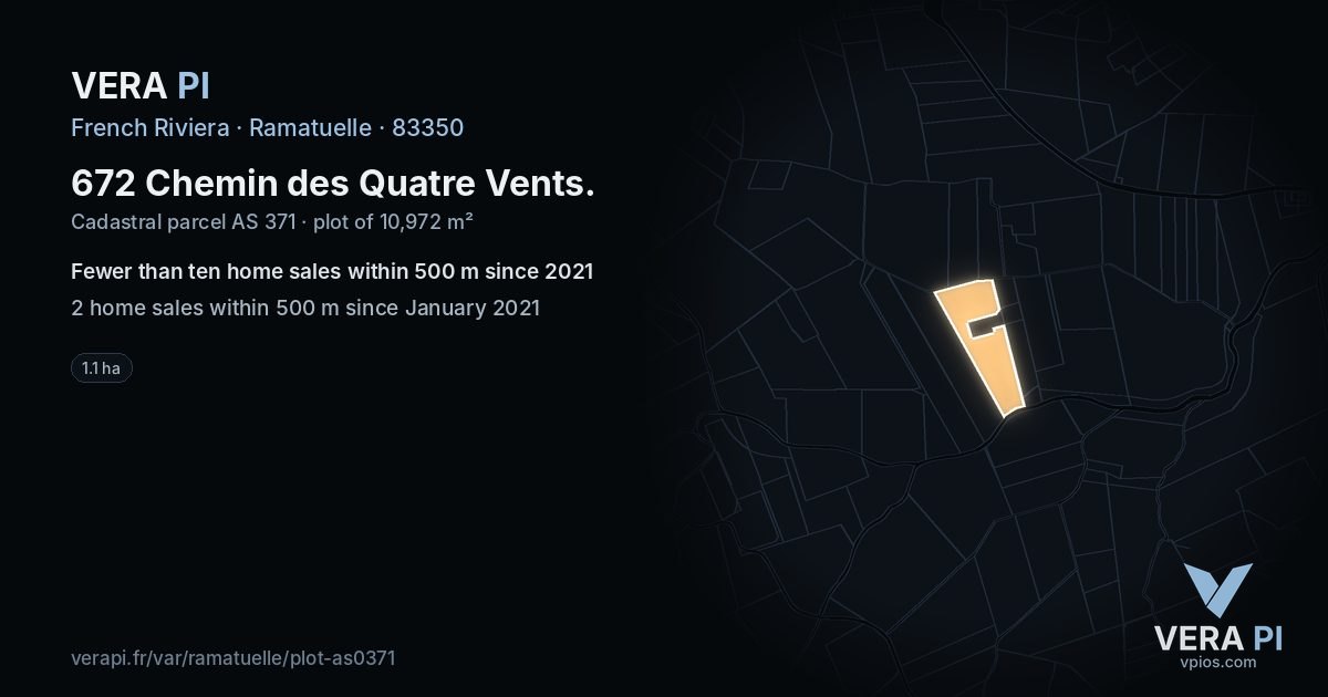 672 Chemin des Quatre Vents, Ramatuelle at night – the plot lit, the parcels around coloured by the prices near them