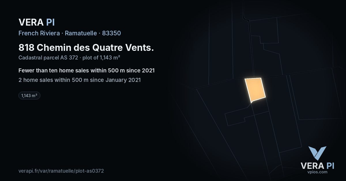 818 Chemin des Quatre Vents, Ramatuelle at night – the plot lit, the parcels around coloured by the prices near them