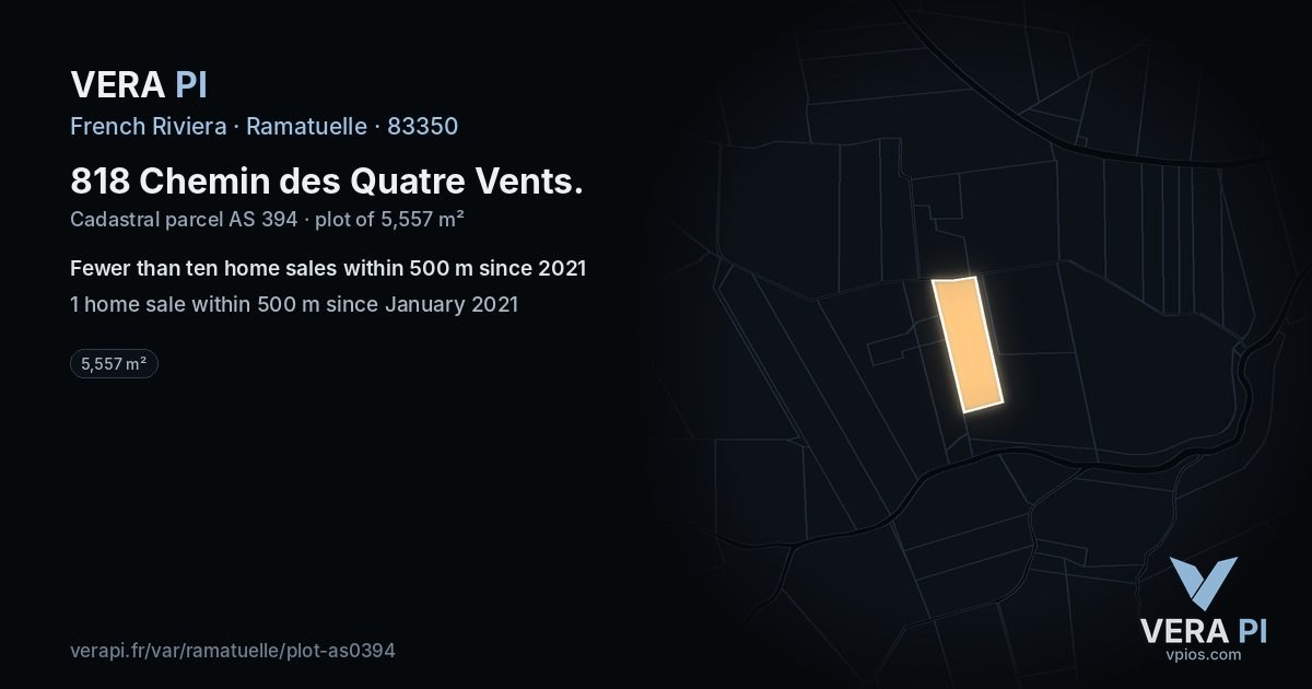 818 Chemin des Quatre Vents, Ramatuelle at night – the plot lit, the parcels around coloured by the prices near them