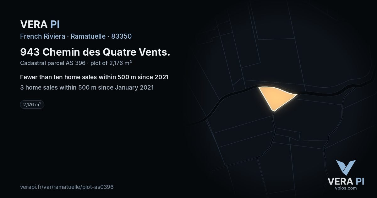 943 Chemin des Quatre Vents, Ramatuelle at night – the plot lit, the parcels around coloured by the prices near them