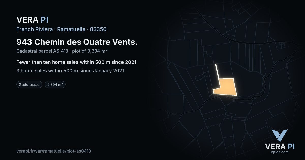 943 Chemin des Quatre Vents, Ramatuelle at night – the plot lit, the parcels around coloured by the prices near them