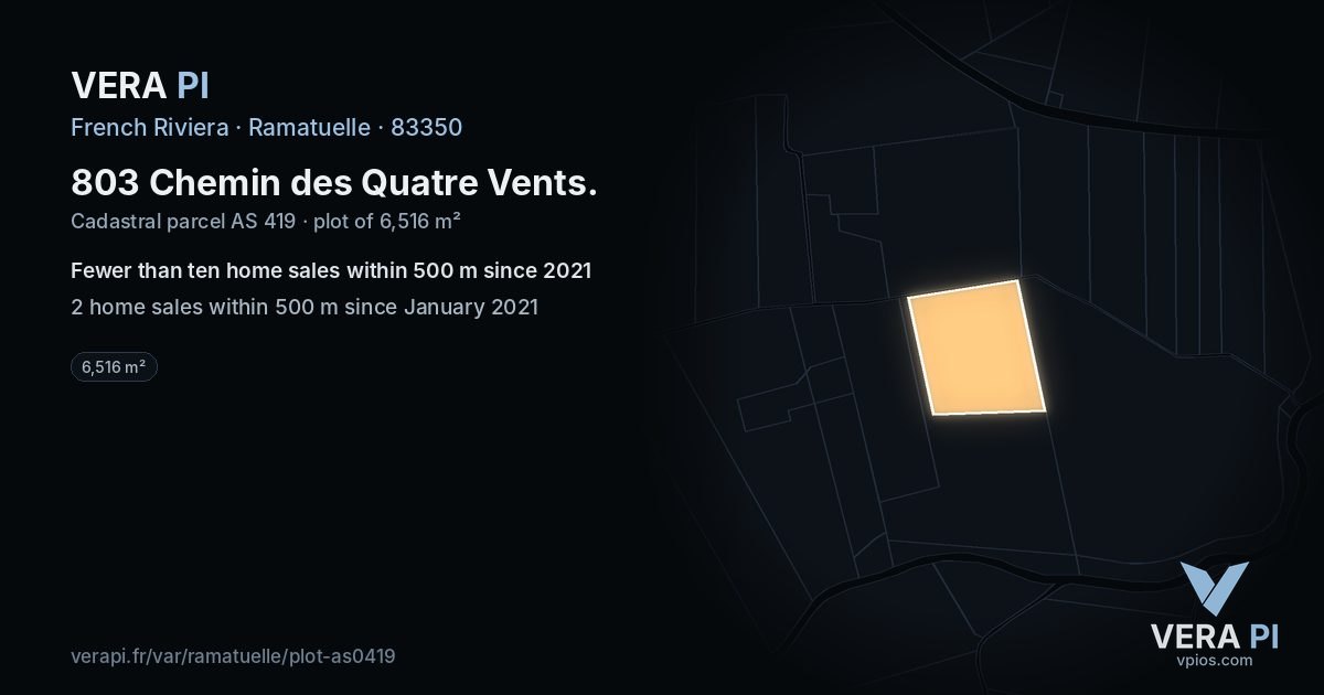 803 Chemin des Quatre Vents, Ramatuelle at night – the plot lit, the parcels around coloured by the prices near them