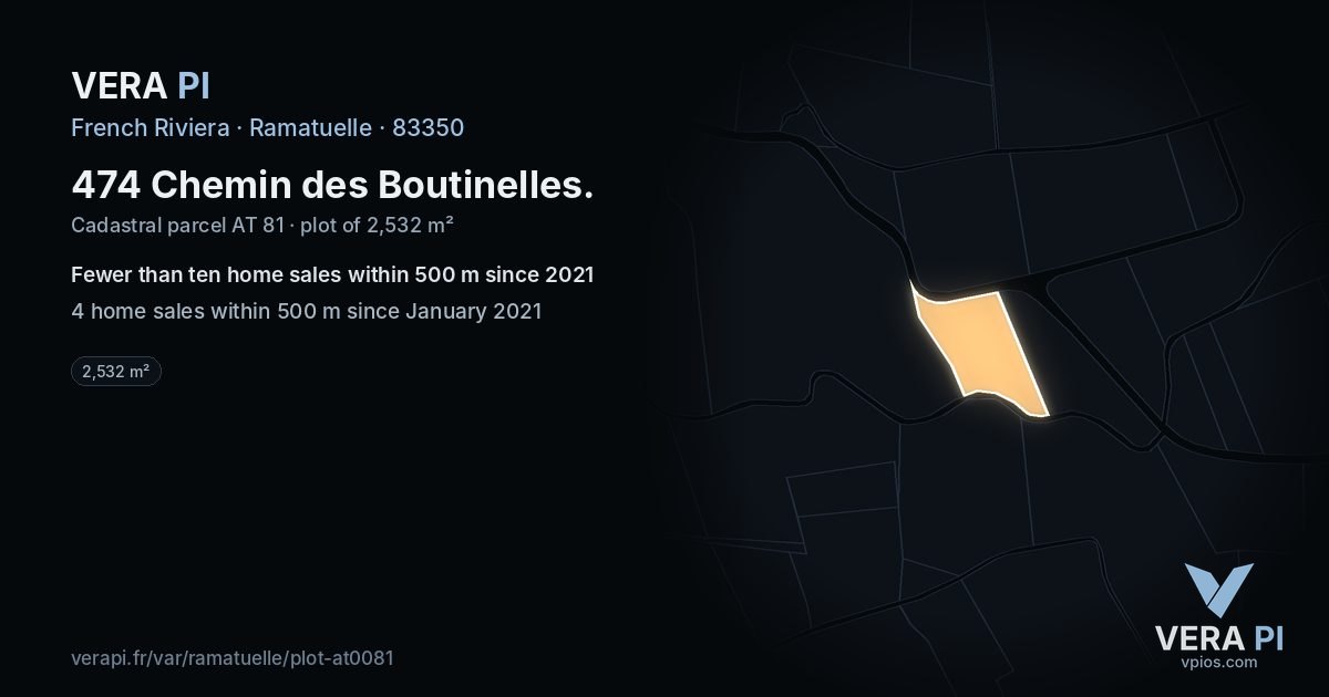 474 Chemin des Boutinelles, Ramatuelle at night – the plot lit, the parcels around coloured by the prices near them