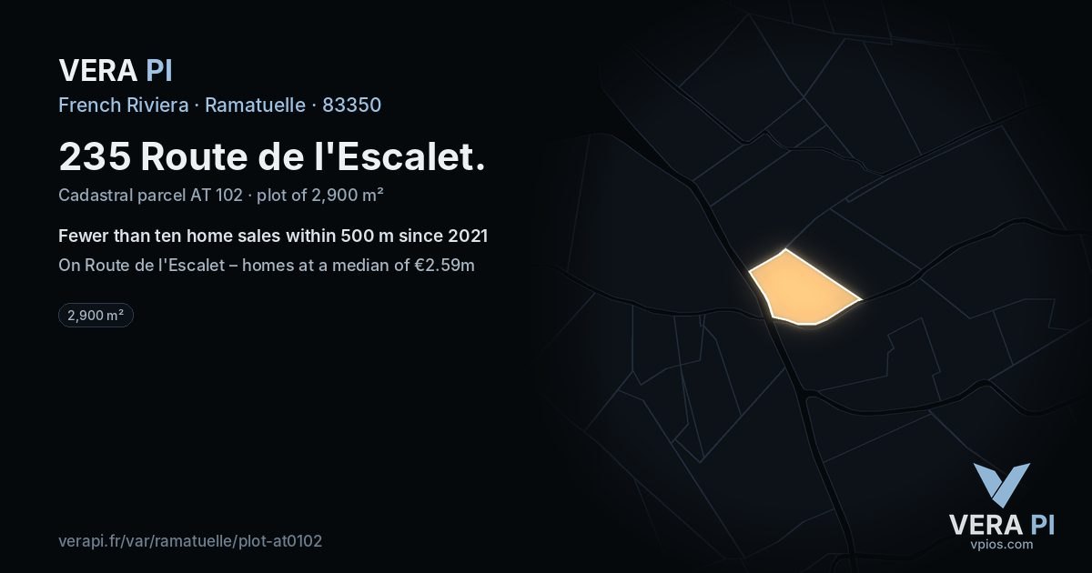 235 Route de l'Escalet, Ramatuelle at night – the plot lit, the parcels around coloured by the prices near them