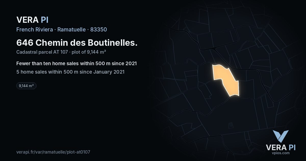646 Chemin des Boutinelles, Ramatuelle at night – the plot lit, the parcels around coloured by the prices near them