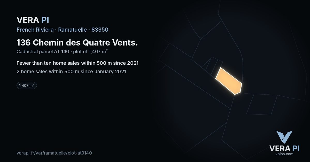 136 Chemin des Quatre Vents, Ramatuelle at night – the plot lit, the parcels around coloured by the prices near them