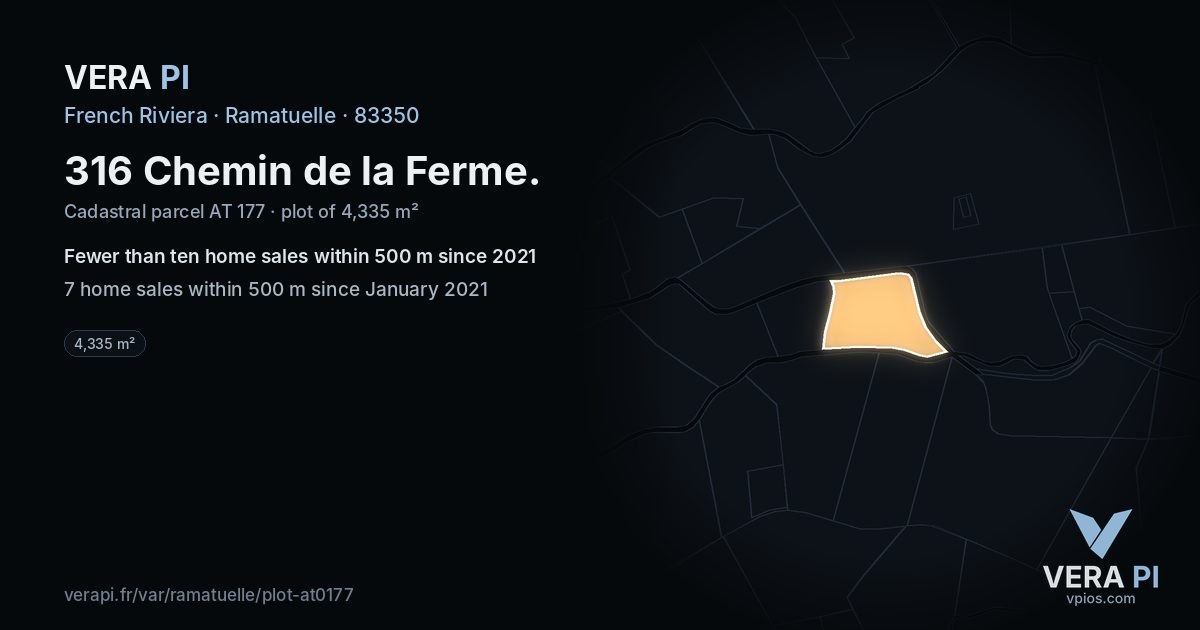 316 Chemin de la Ferme, Ramatuelle at night – the plot lit, the parcels around coloured by the prices near them