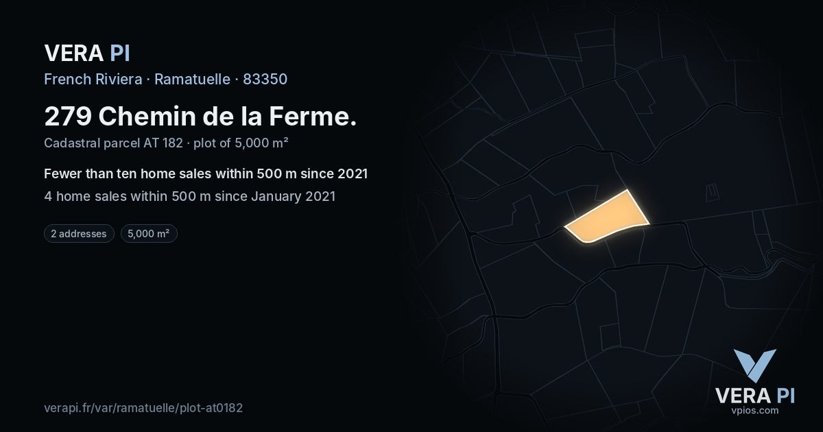 279 Chemin de la Ferme, Ramatuelle at night – the plot lit, the parcels around coloured by the prices near them